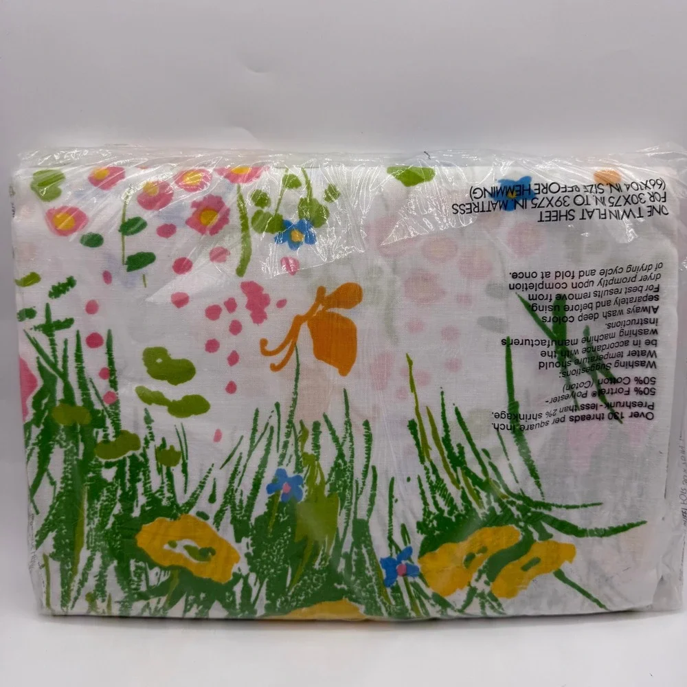 Vintage Burlington Twin Flat Sheet Floral Flowers Meadow NOS‎ New Old Stock